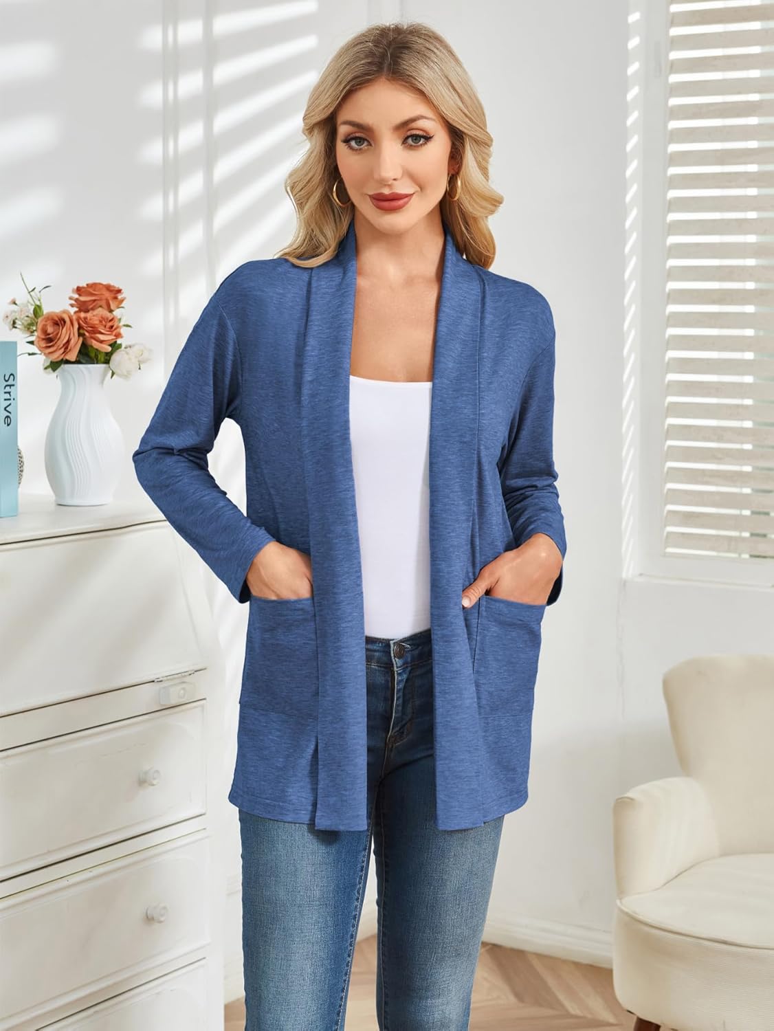 Besshopie Women's Lightweight Cardigan Long Sleeve Open Front Fall Sweater Dusters Shrugs with Pocket - Image 3