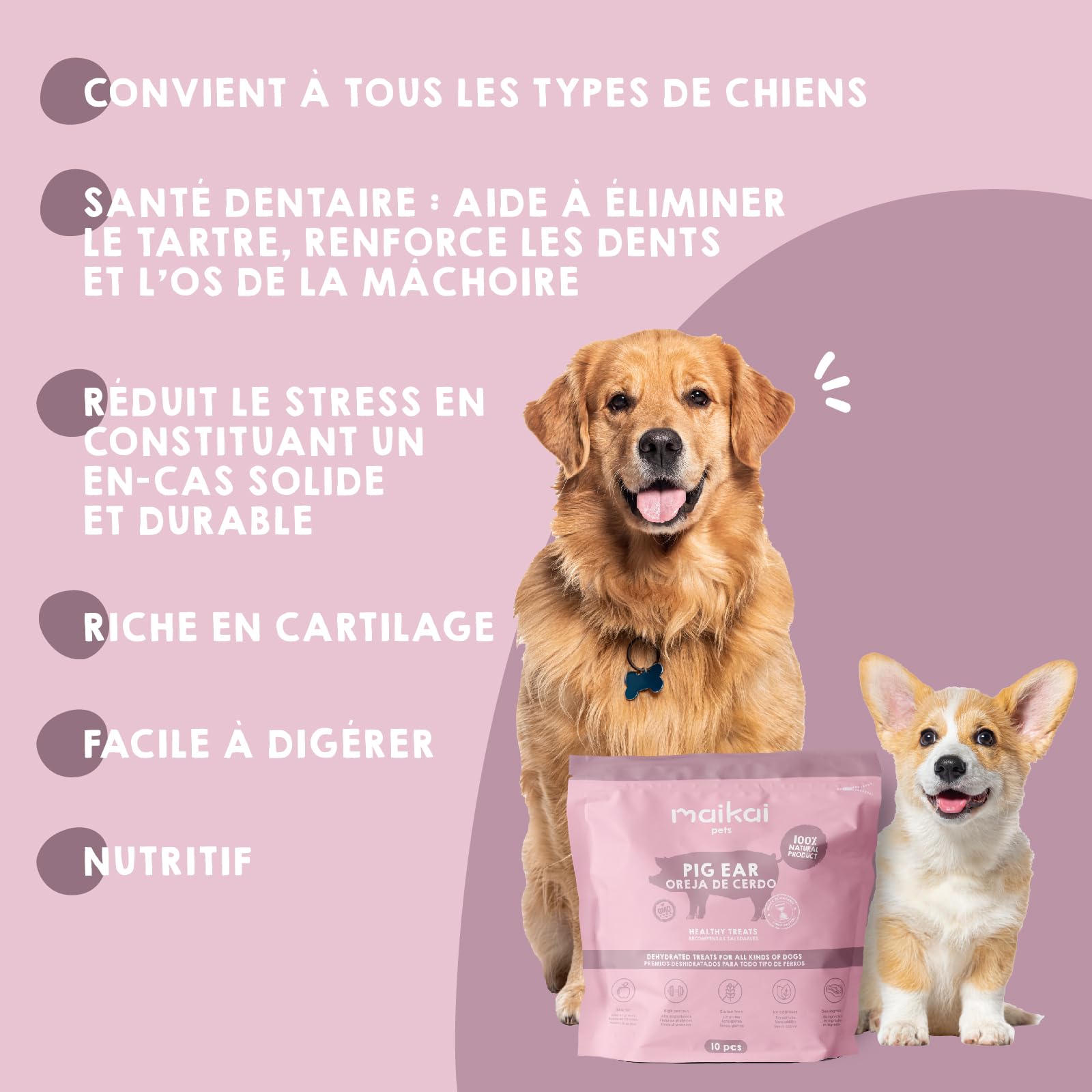 MAIKAI Lot Oreilles de Porc Séchées - Friandises Naturelles à Mâcher pour Chiens Riche en Protéines + sans Additifs Complément Alimentaire Idéal Barf