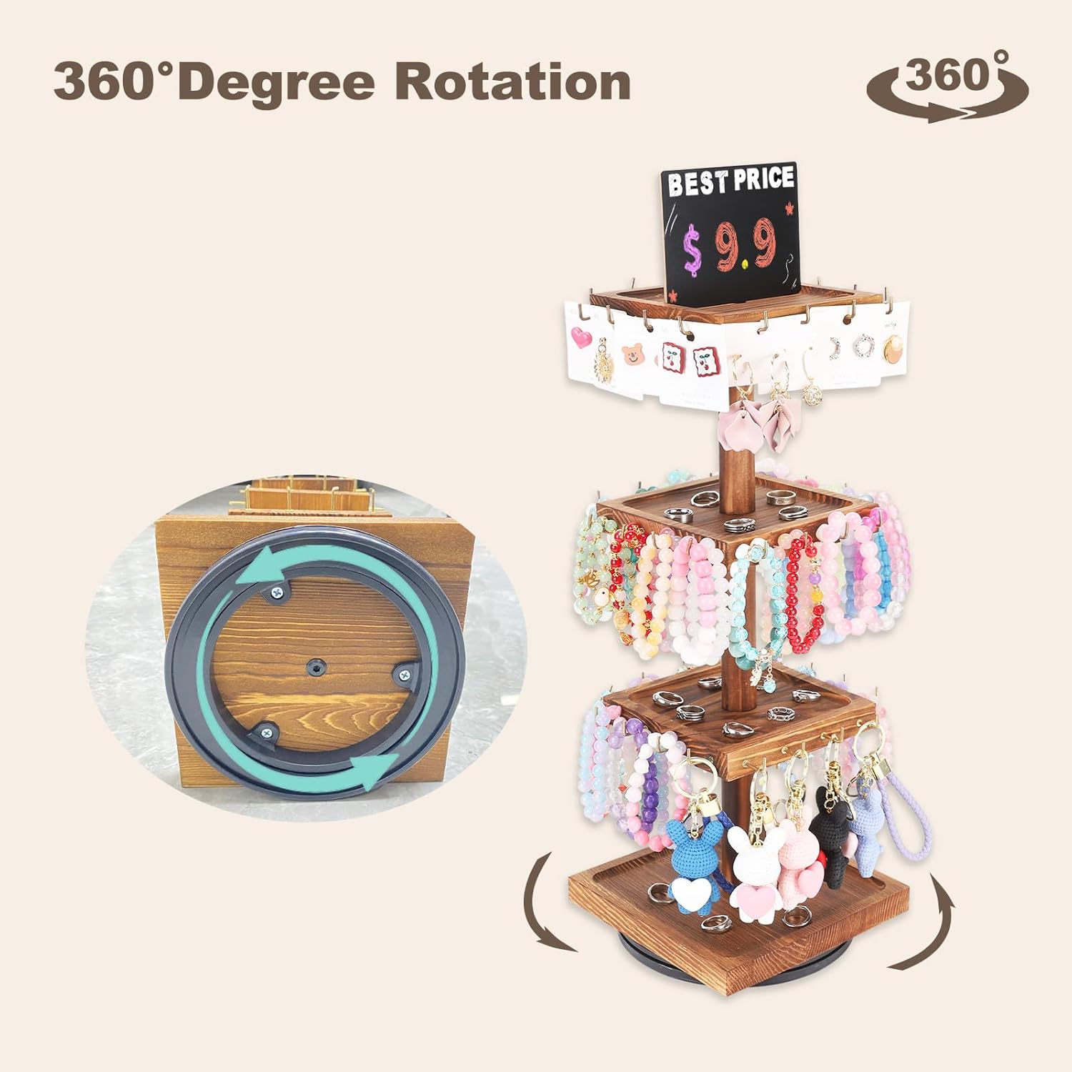 BDBDYEAY Bracelet Holder, 360° Rotating Jewelry Holder Organzier with Tray, Wooden Jewelry Tower with 48 Hooks, 4-Tier Large Capacity Jewelry Display Stand for Vendors Sell Bracelet Keychain Earring