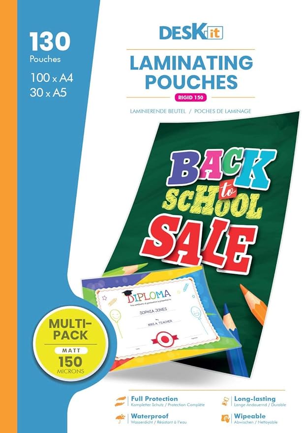 Deskit A4 and A5 Laminating Pouches, Matt, 150 Microns, Multipack of