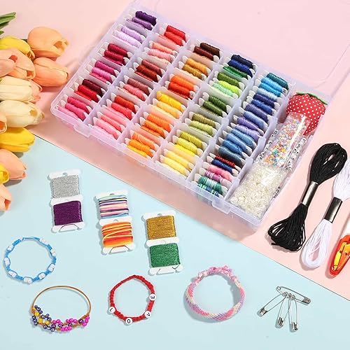 Miniatura 5 de PAXCOO Kit de 985 pulseras de cuerda, kit de cuerda de amistad con 110 madejas de hilo de punto de cruz, 830 cuentas para hacer pulseras de amistad,
