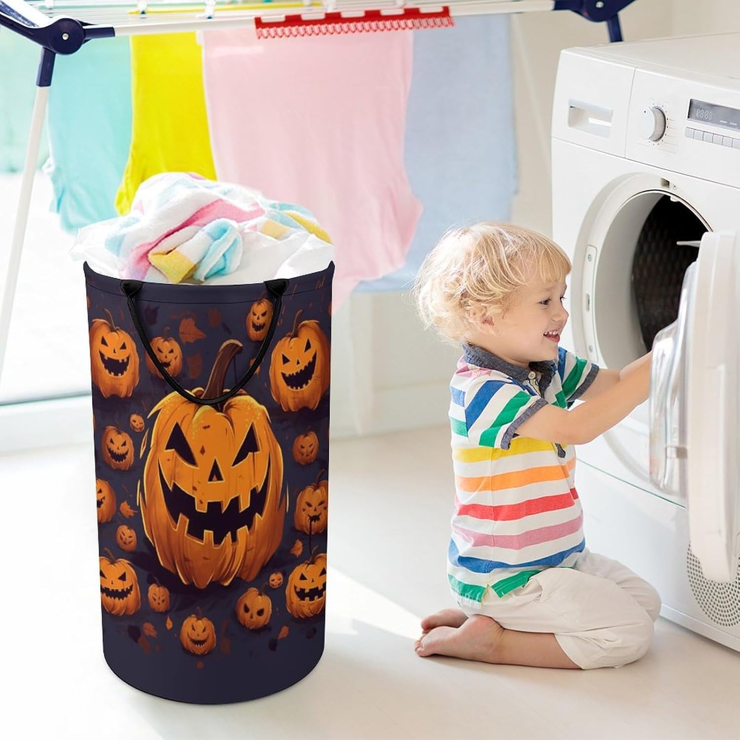 Halloween Pumpkin Laundry Hamper with Handles Waterproof Collapsible Laundry Basket Large Lightweight Round Dirty Clothes Hamper for Home Dorm Bathroom Decor