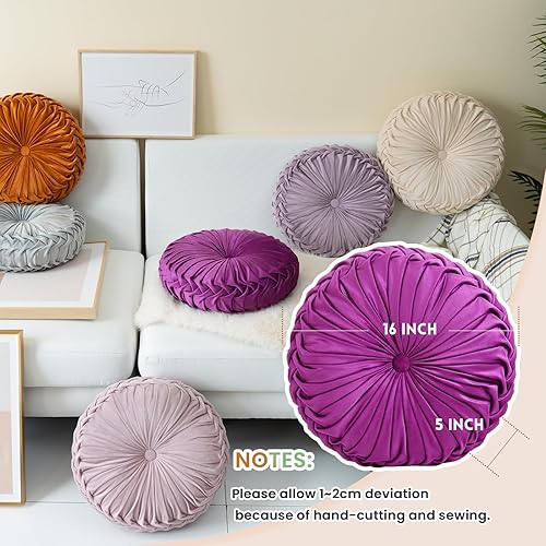 Miniatura 5 de Sioloc Almohada redonda de terciopelo para decoración del hogar, cojín plisado para sofá, silla, cama y automóvil (morado, 15.7 pulgadas)