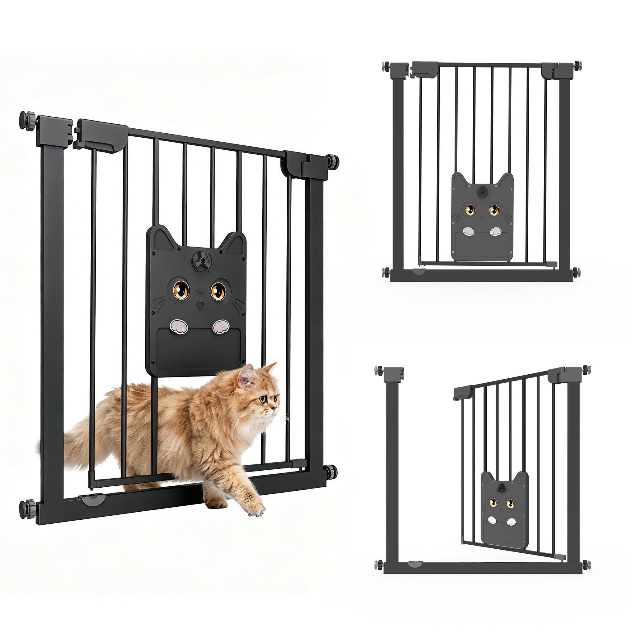 UISEBRT Türschutzgitter Treppengitter ohne Bohren mit großer Katzenklappe, 76cm Hoch 75-85cm Erweiterbar bis 115cm, 180° beidseitig öffnen Autoclose Doppelschloss Metall Absperrgitter