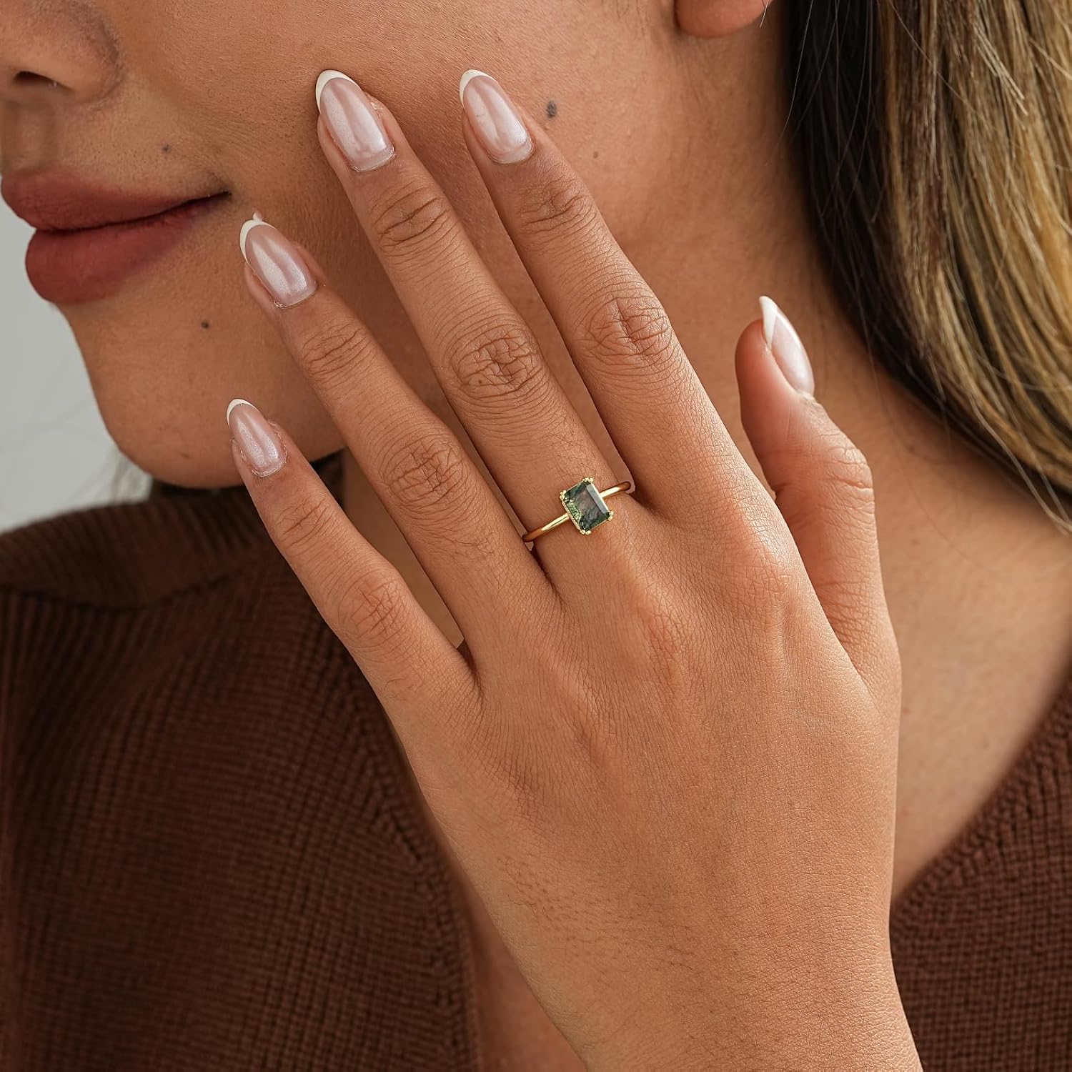 Glowave Moss Agate Ring Dainty Rings for Women 14k Gold Plated Engagement Wedding Promise Ring Jewelry Birthday Gifts
