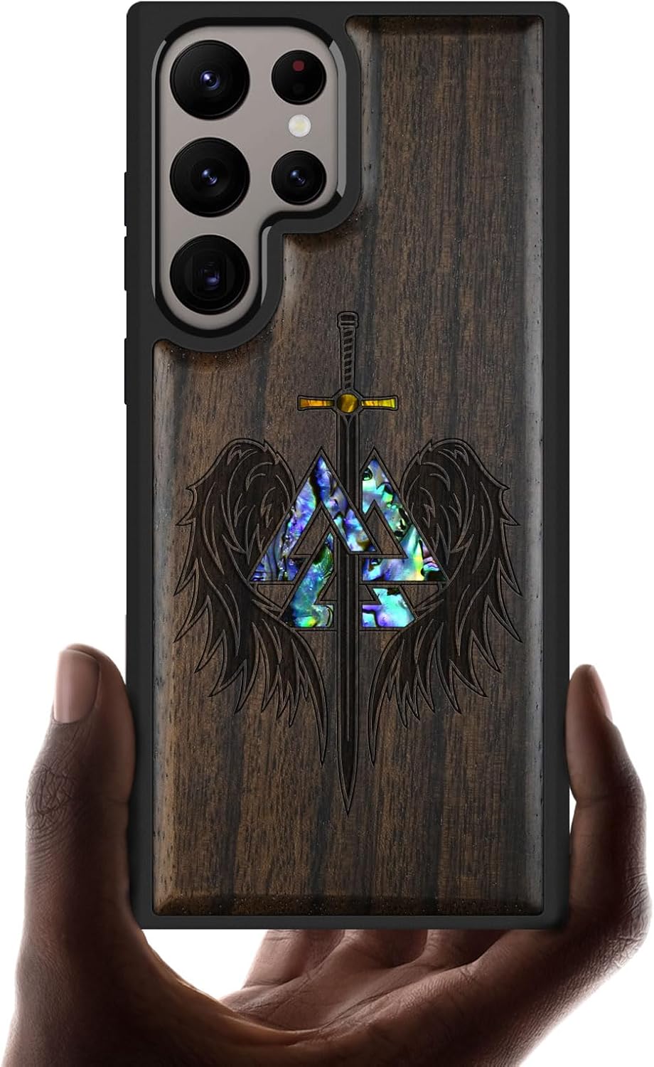 Carveit Designer Wooden Case for Samsung Galaxy S24 Ultra [Wood Engraving & Shell Inlay] Compatible with Wireless Chargers S24 Ultra Cover (Wings of Valor Essence-Blackwood)
