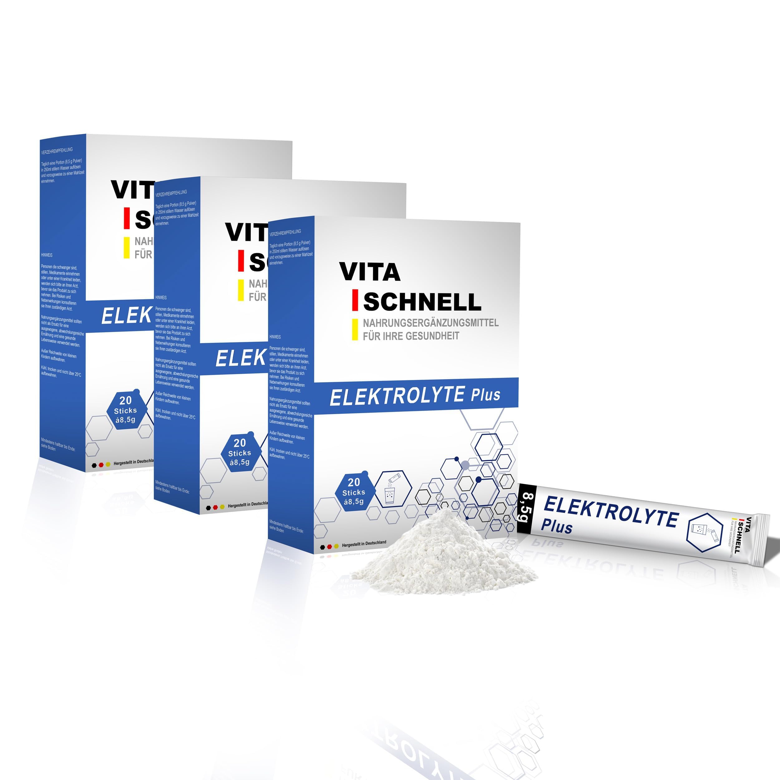 VITA SCHNELL Electrolytes Plus solution de réhydratation - perte d'eau et de sels corporels, après le sport - 3x 20 sticks de 8,5 g