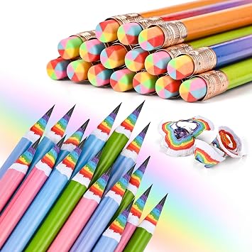 Goldge 16 Pcs Rainbow Pencils, Number 2 Pencils #2 with Erasers, Colored Pencil for Office & School Supplies, Party Favors