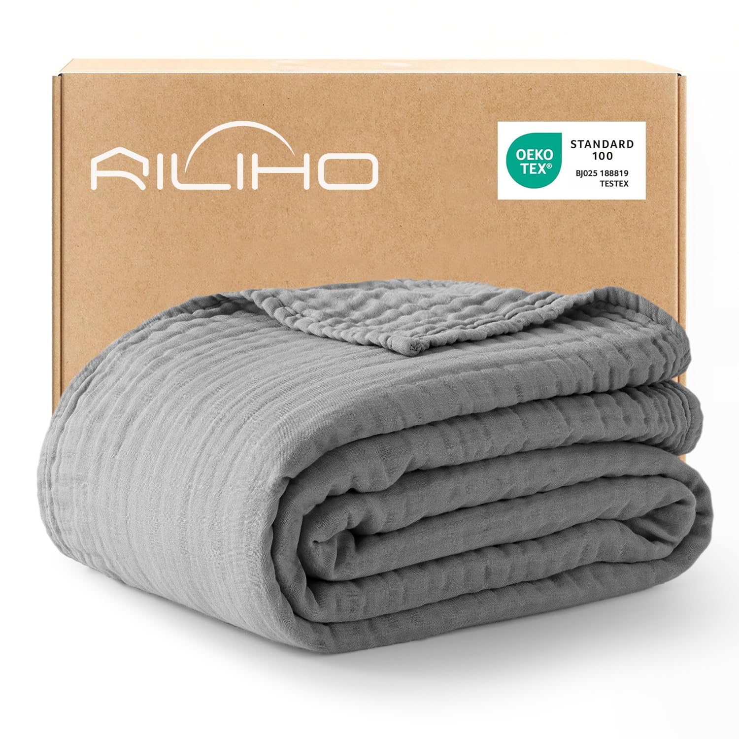 RILIHO 100% Cotton Muslin Blanket Adult, Cooling Summer Blanket, 6 Layers Lightweight and Breathable Throw Blankets for Couch, Soft Cold Blanket for Sleeping All Season, 127 x 152 cm, Grey