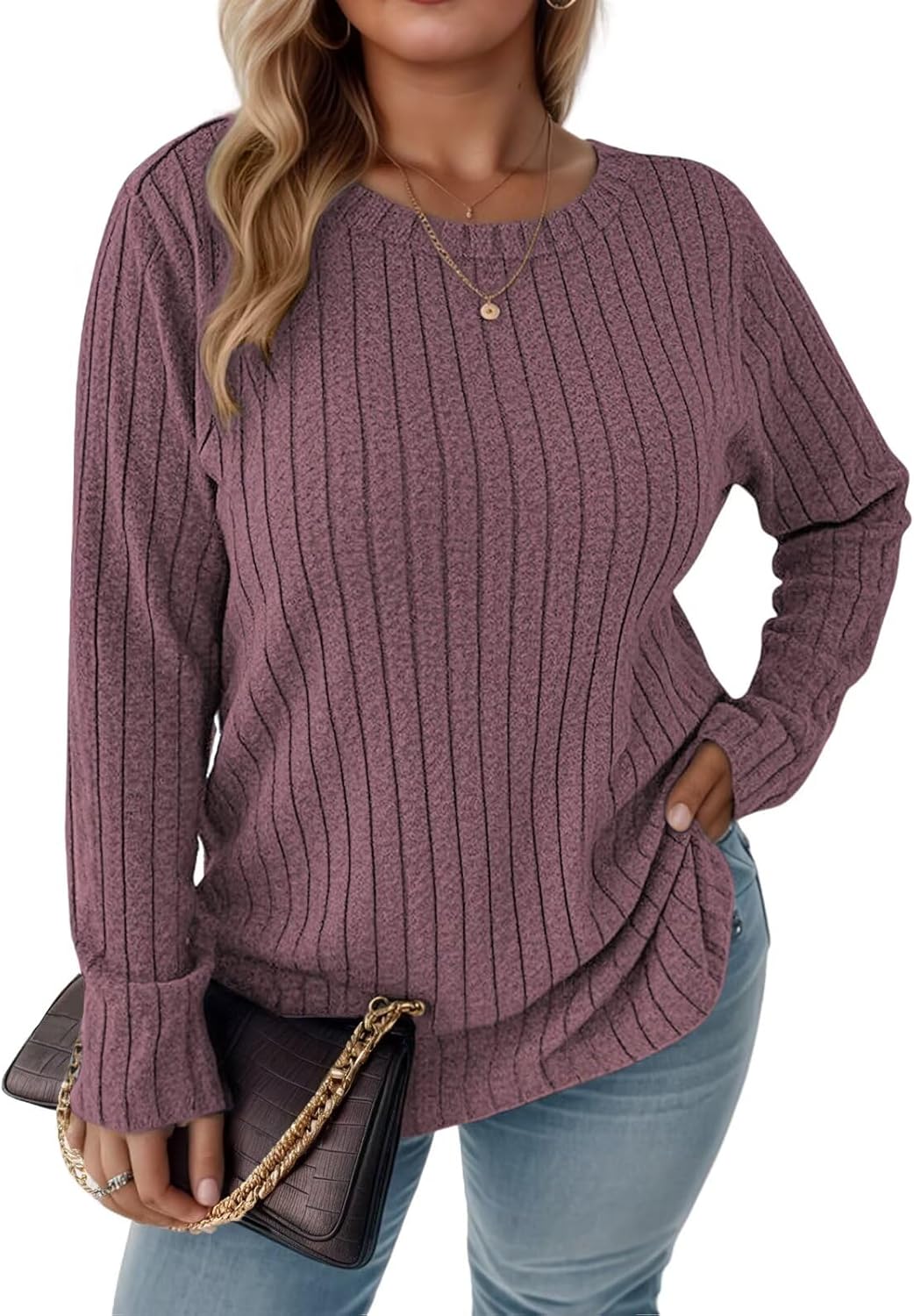 DOLNINE Women's- Plus- Size -Sweatshirts Long Sleeve Crew Neck Casual Fall Tops Lightweight Soft Loose Fit Pullover Shirts