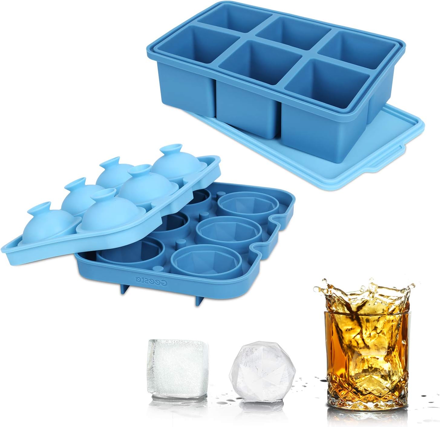 Geesta Silicone Ice Cube Trays & Ice Ball Mold with Lid, 2 Inch Large Square Ice Cube Molds for Whiskey and Cocktails, Keep Drinks Chilled, Freeze Soup Broth or Sauce (2 Pack)