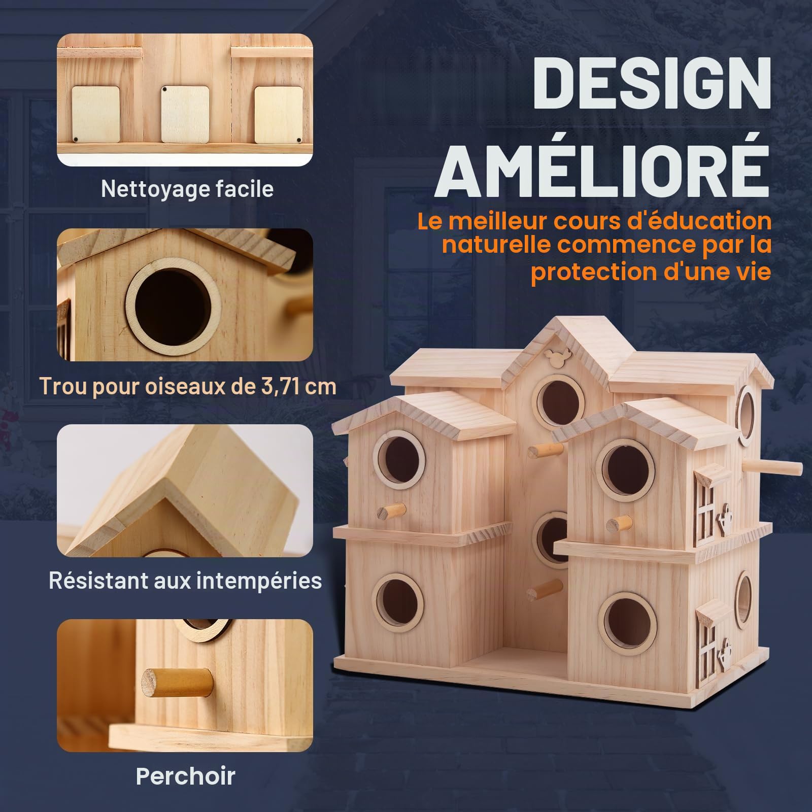 Nichoir à oiseaux en bois à plusieurs compartiments, 10 niches, pin naturel brut