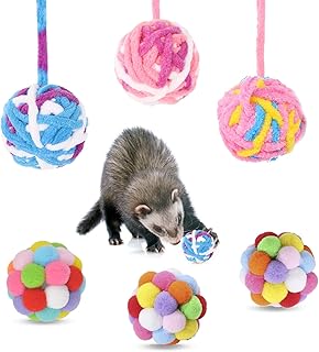 6 Pack Ferret Toys Ball Set - Woolen Yarn Ferret Balls with Built-in Bell Soft Colorful Pompom Pet Balls Interactive Sound Toy Exercise Scratch Play Chew Toys for Indoor Ferret Cat Kitten