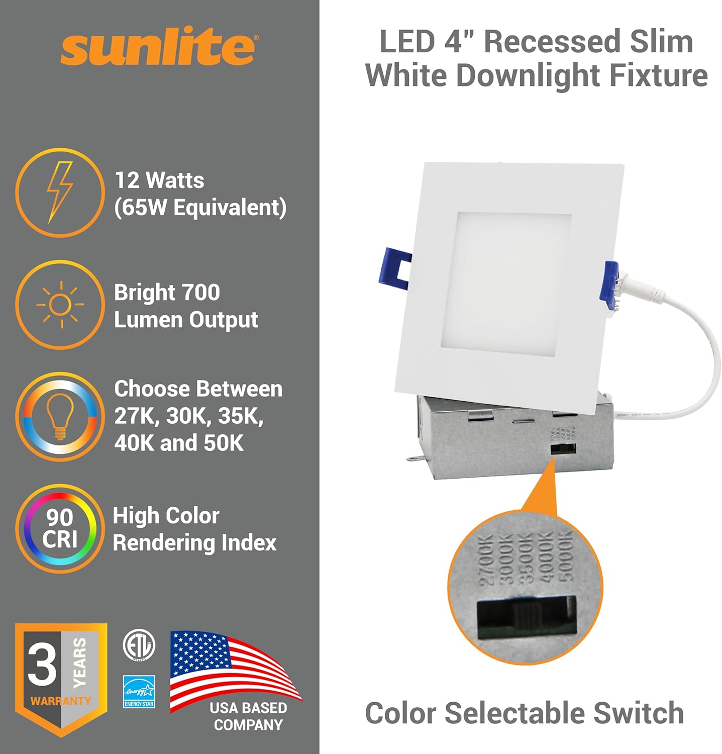 Sunlite LED 4-Inch Recessed Slim Downlight Fixture, 12 Watts (65W Equiv.), 700 Lumens, Indoor & Outdoor, Color Selectable 27K/30K/35K/40K/50K, 90 CRI, 120V, Dimmable, ETL Listed, 5 Pack