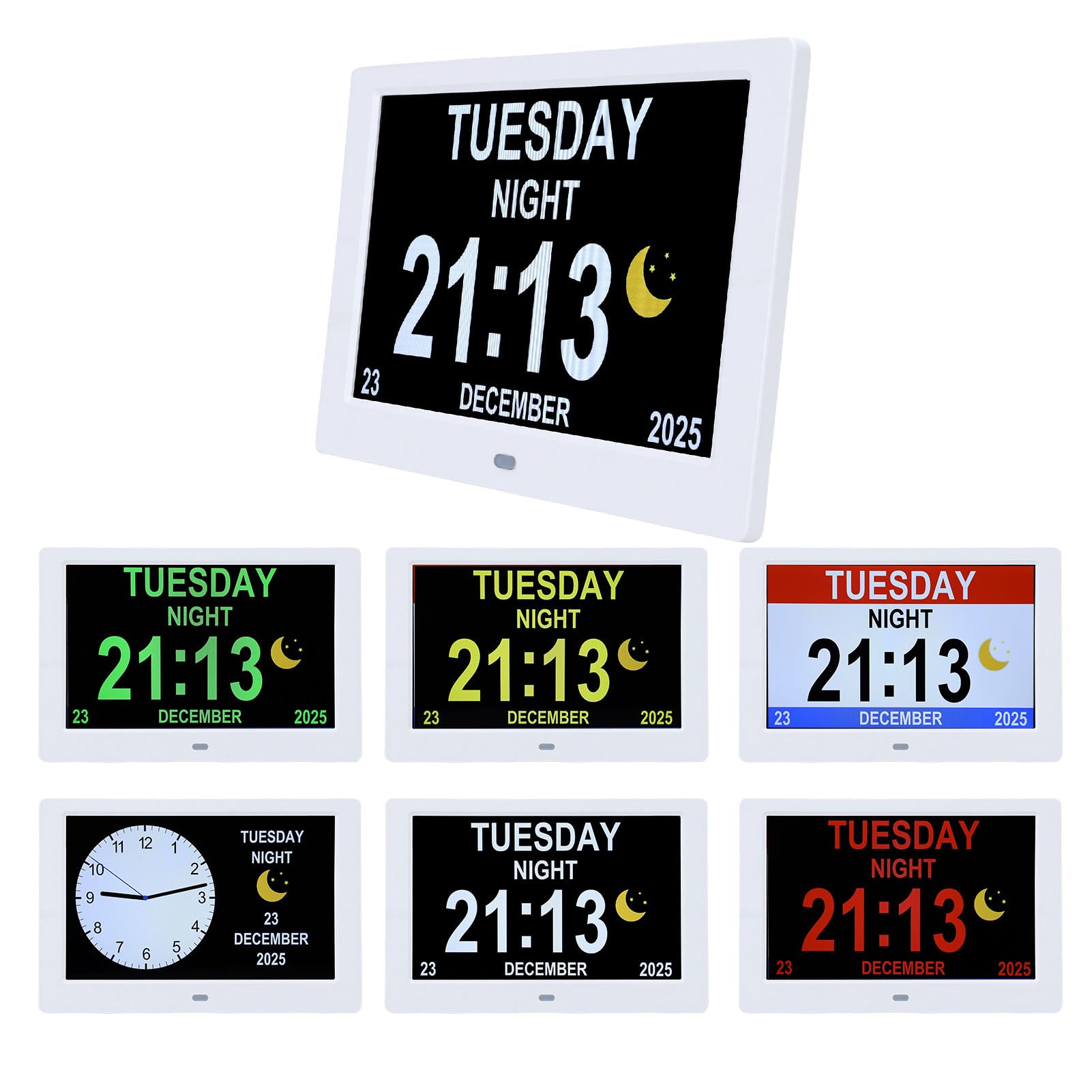 GOWENIC Reloj Despertador con Calendario Digital |Pantalla de Atenuación Automática de 8 Pulgadas con Reproducción de Imagen y Vídeo de Fecha y Hora para Sala de Estar