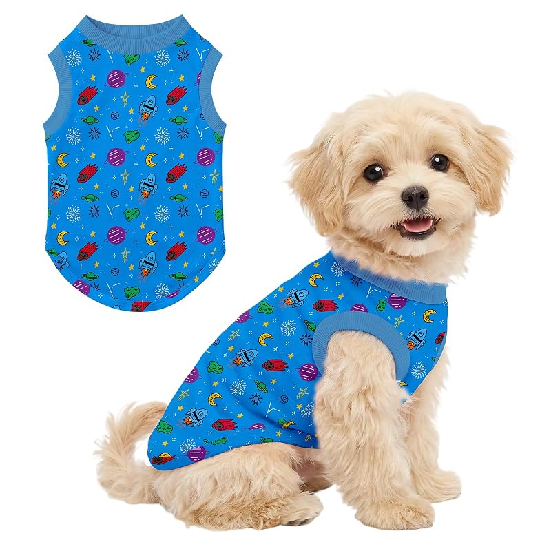Camisa sem mangas para cachorro pequeno em tecido macio e elástico Ruirichfun Blue Universe Small, peito de aproximadamente 36,8 cm