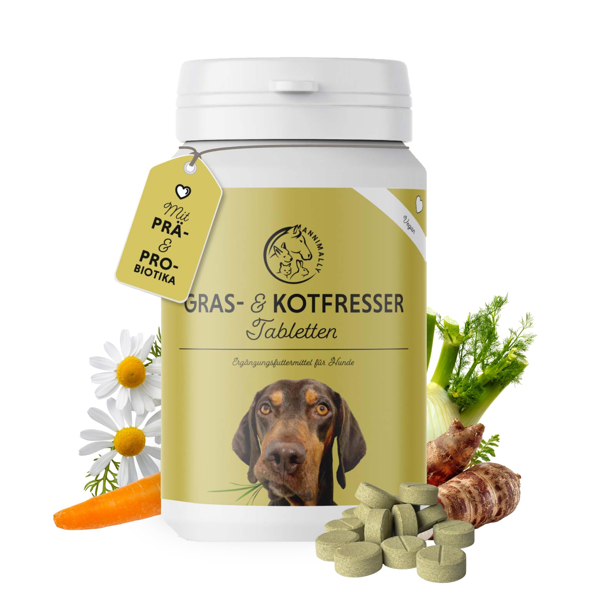 Annimally Gras- & Kotfresser Tabletten für Hunde - Unterstützen Verdauung & Magen-Darm-Flora, mit Probiotika, Ballaststoffen & Pflanzenstoffen, 120 Stück