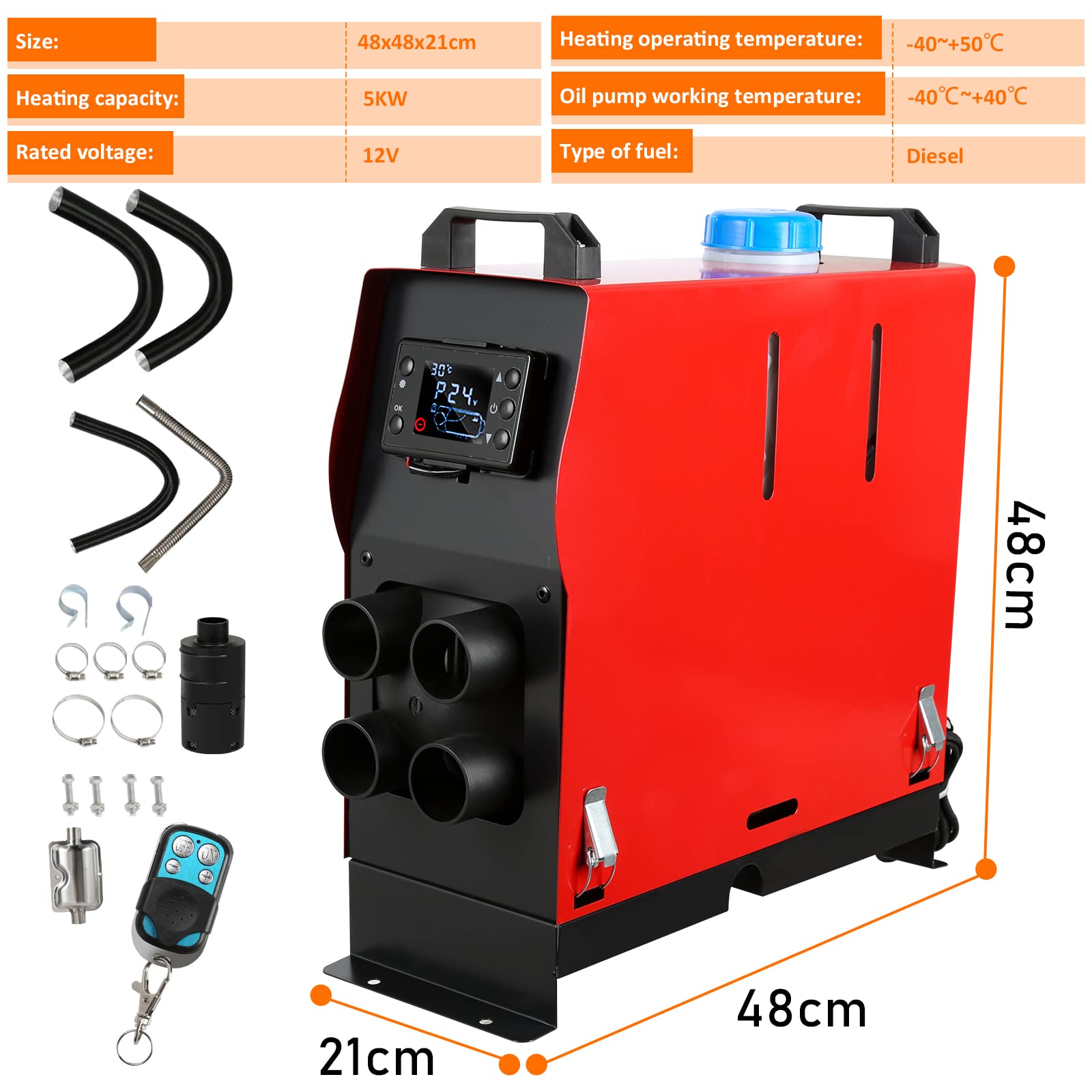Nagrzewnica powietrza na olej napędowy 8 kW, 12 V, ogrzewanie postojowe na olej napędowy z wyświetlaczem LED i 4 wylotami powietrza, ciche, wydajne ogrzewanie postojowe