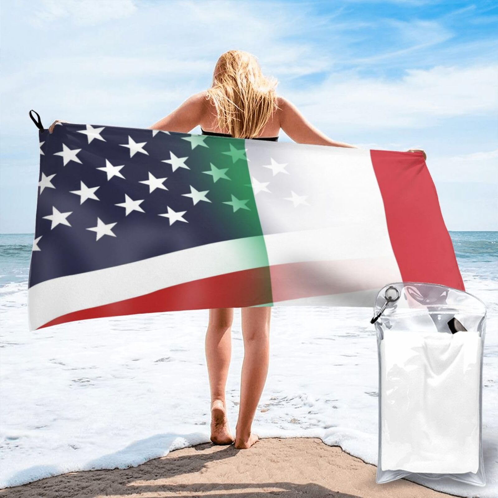 HACXZ Funny America Flag and Italy Italian Flag Absorbent Beach Towel Microfiber Beach Shower Towel 31.5"X63"