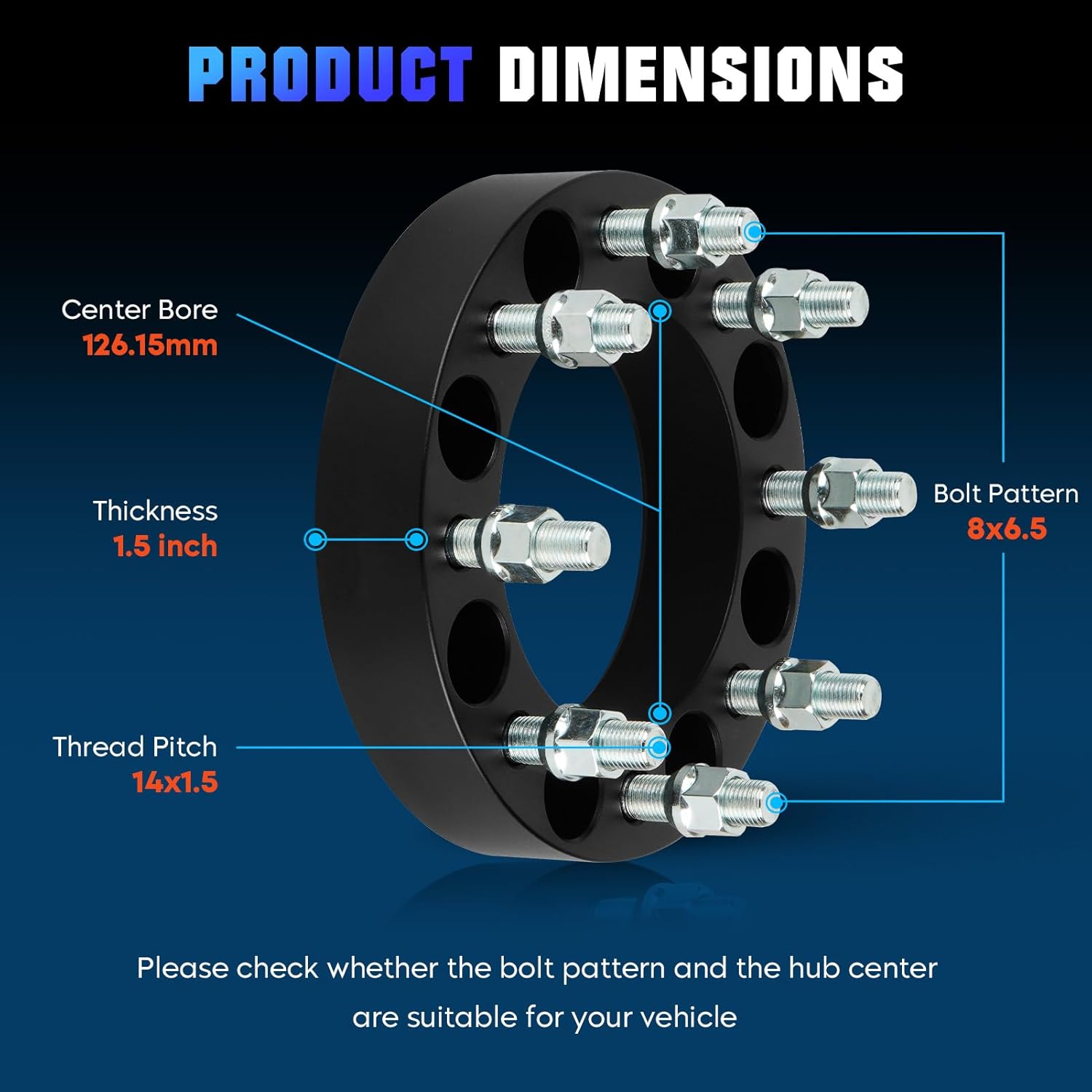 8x6.5 1.5inch Wheel Spacers 8x165.1mm Fit for Chevrolet Avalanche 2500 C2500 C3500 K2500 K3500 Silverado 2500, 126.15mm Bore 14x1.5 Fit for GMC C2500 C3500 K2500 K3500 Savana 2500 3500 Sierra 3500