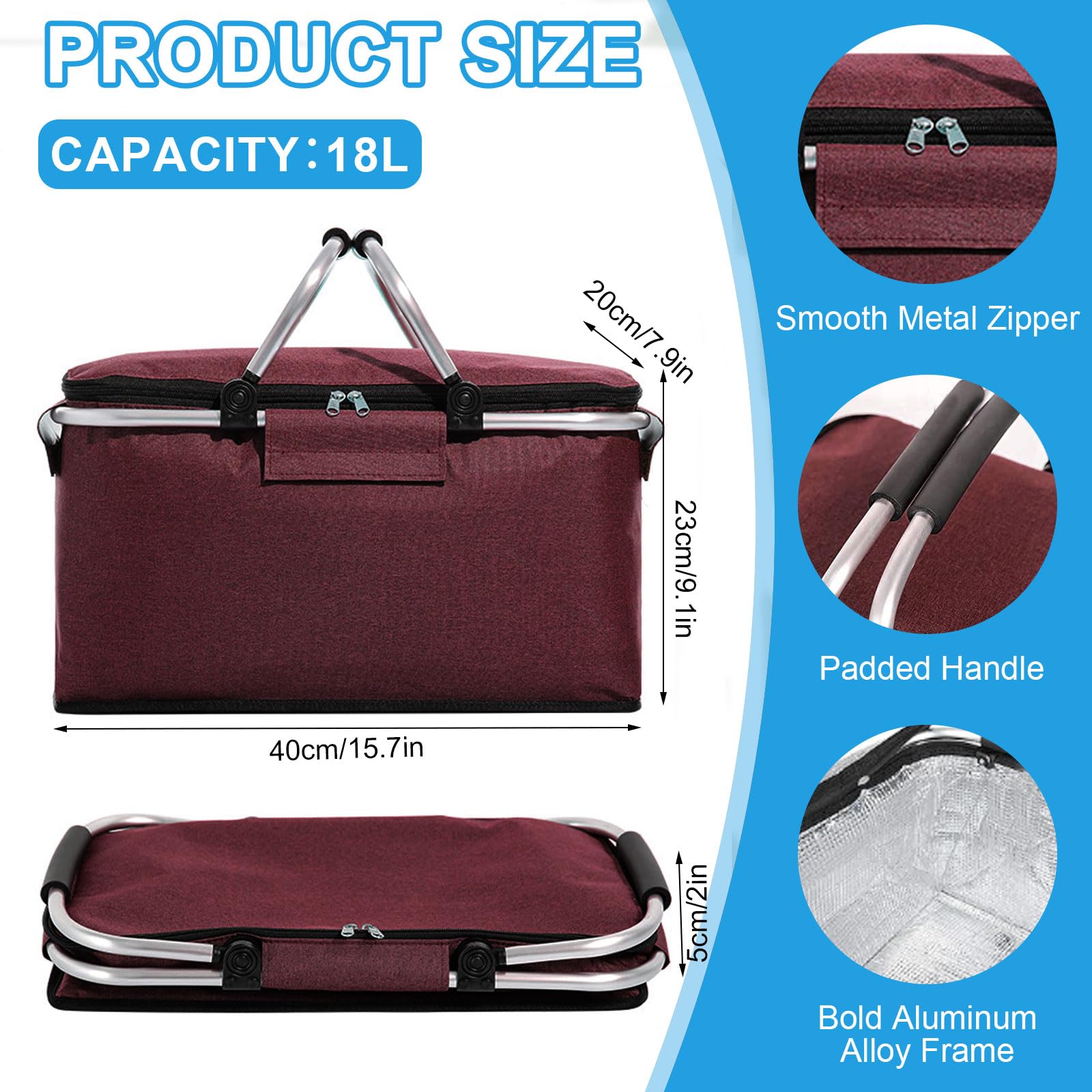 18L Einkaufskorb Faltbar, Einkaufskorb mit Kühlfunktion, mit Deckel, Korb Einkaufen, Kühlkorb Klappbare, Kühlbox Tragbare, Tragekorb, Isoliert für Reisen, Picknick, Einkaufen