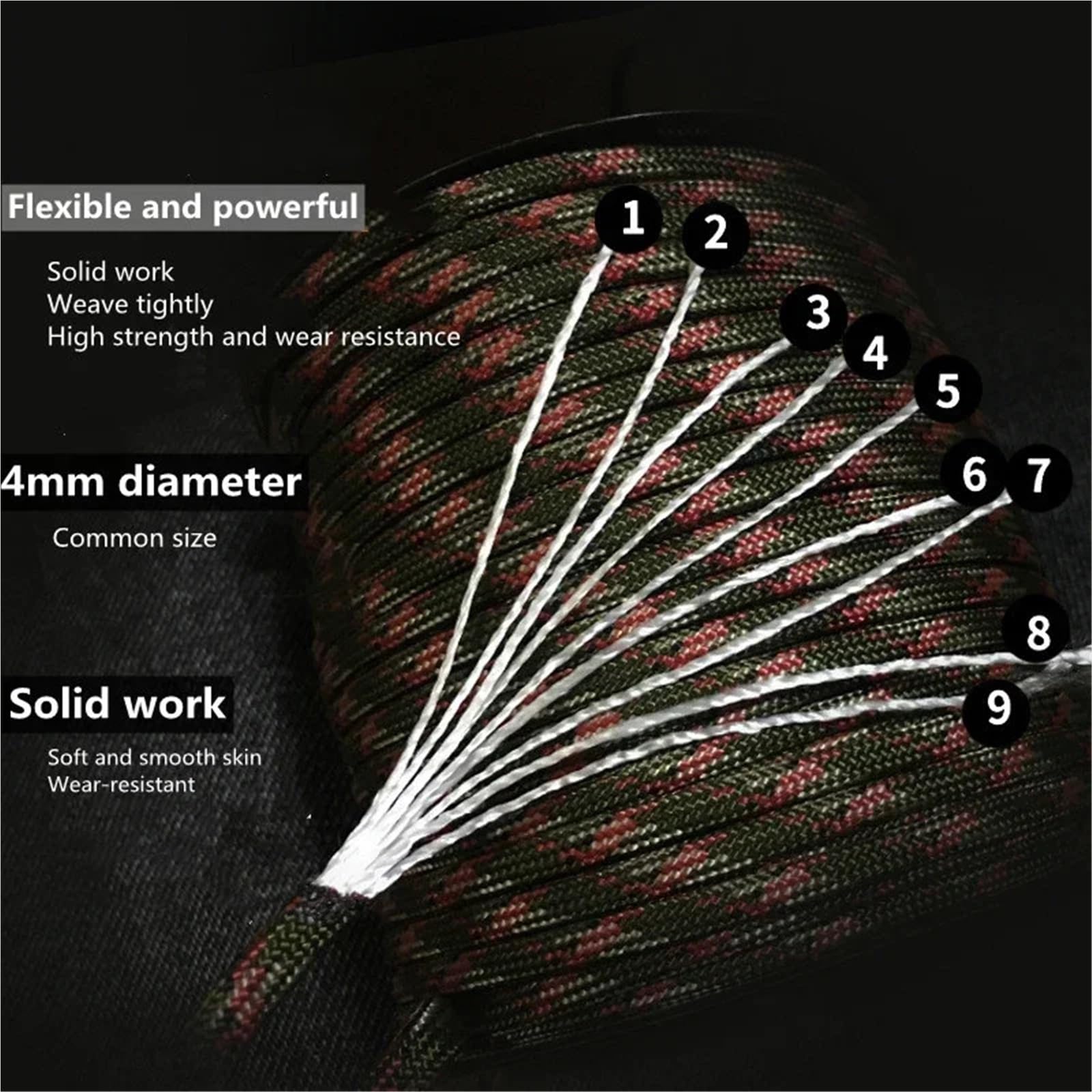Paracord, Lina 30/50/100M Oś Standardowa 9-rdzeniowa 4mm Zewnętrzna linka spadochronowa Survival Parasol Namiot Pasek na smycz (Szary, 100M)