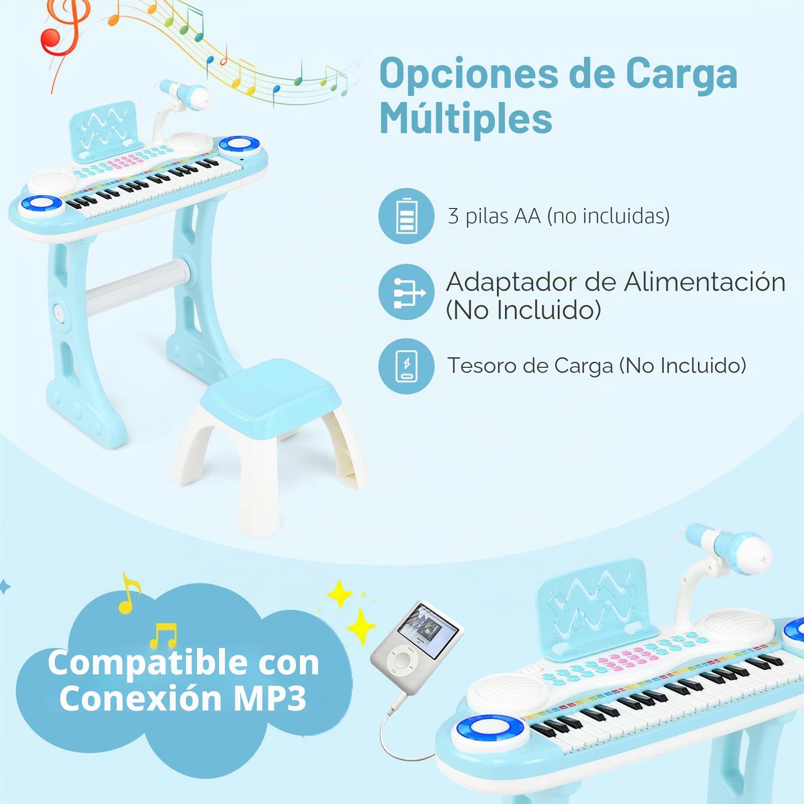 RELAX4LIFE Piano Infantil 37 Teclas con Micrófono, Soporte, Atril y Taburete, Piano Eléctrico con Función de Grabación, 8 Tonos, 8 Ritmos, USB/MP3 para Niños 18+ Meses, Juguetes Niños 1 Año (Azul)