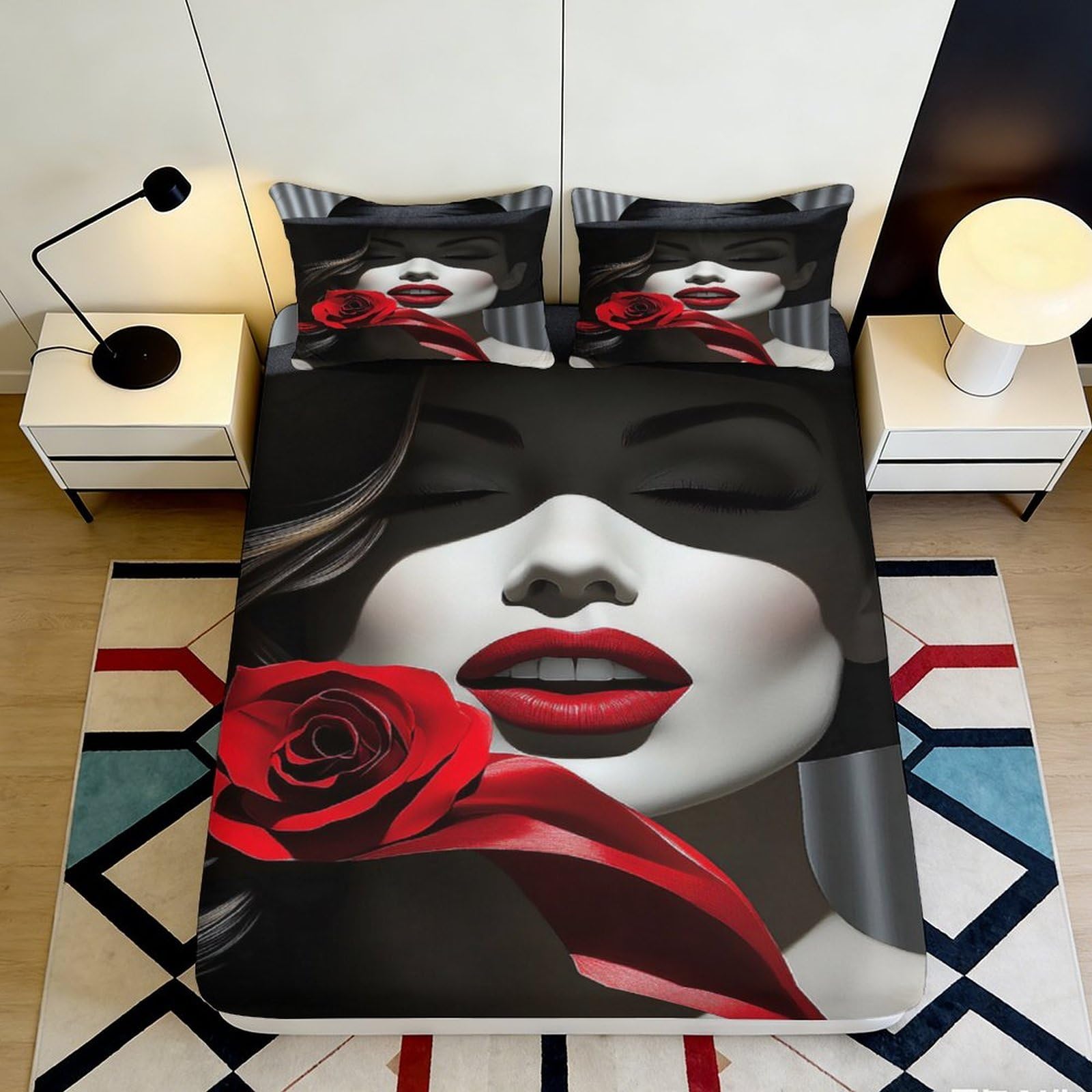3D Printed Red Rose Lady Fitted Sheet Microfiber Soft Artistic Face Bed Sheet for Bedroom Dorm Decor 90x200x25cm