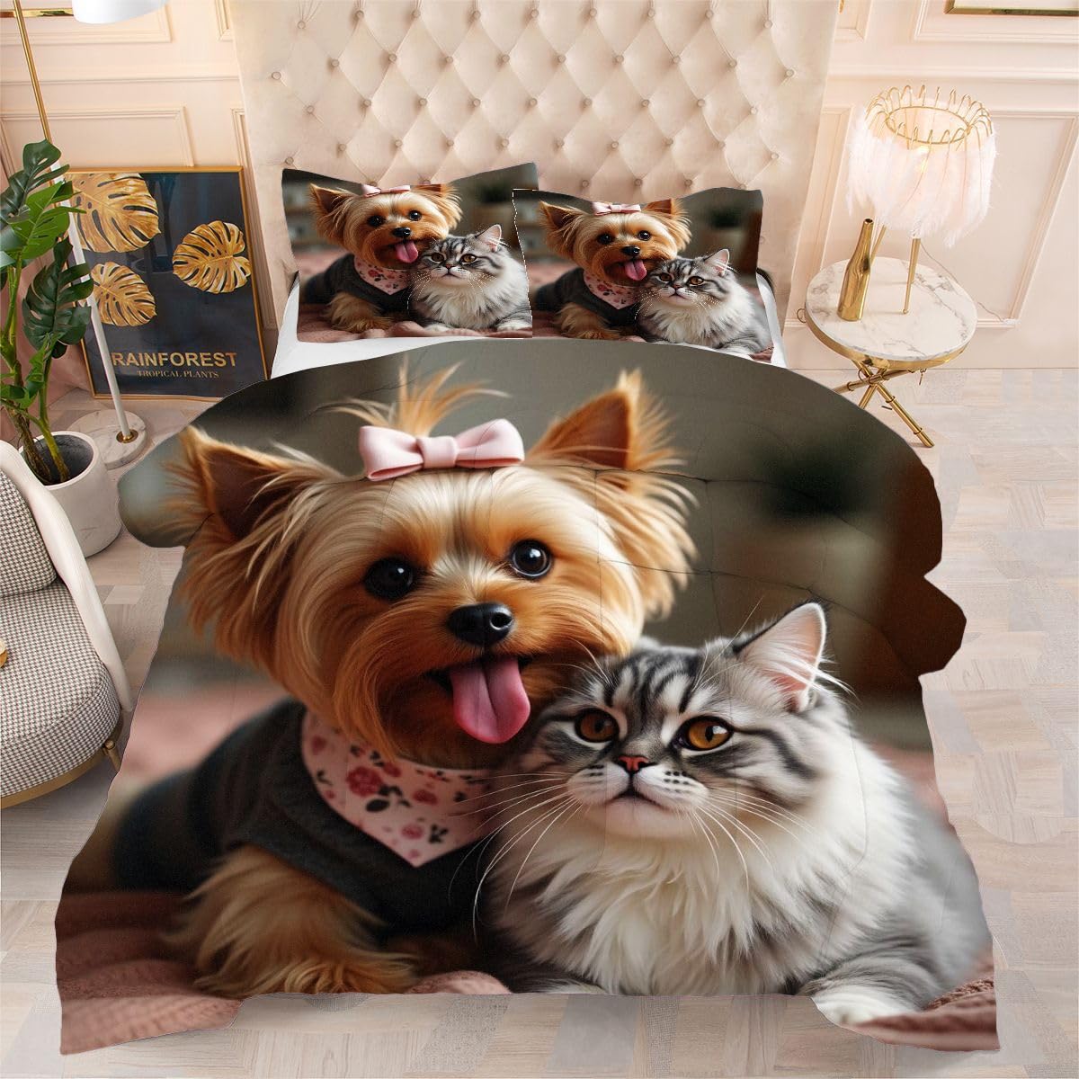 Couette 240 x 260 cm chat et chien légère, parure lit microfibre douce pour deux personnes