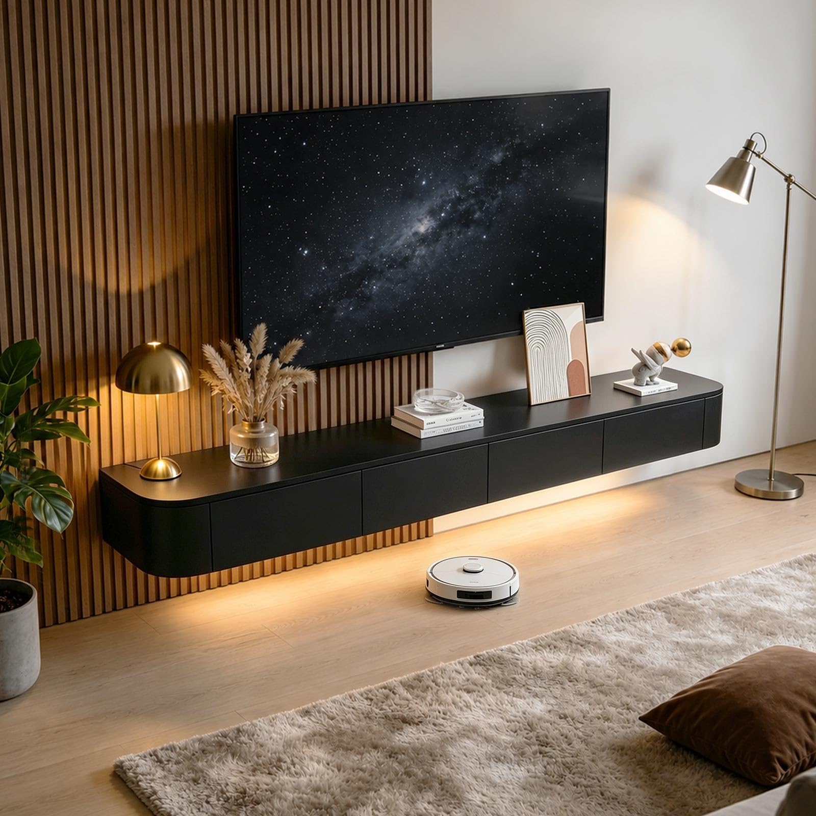 Nowoczesny pływający telewizor z diodami LED, naścienne centrum rozrywki (119.4-299.7 cm) - czarna drewniana konsola Slish do salonu i sypialni, kabel w zestawie (280 cm)