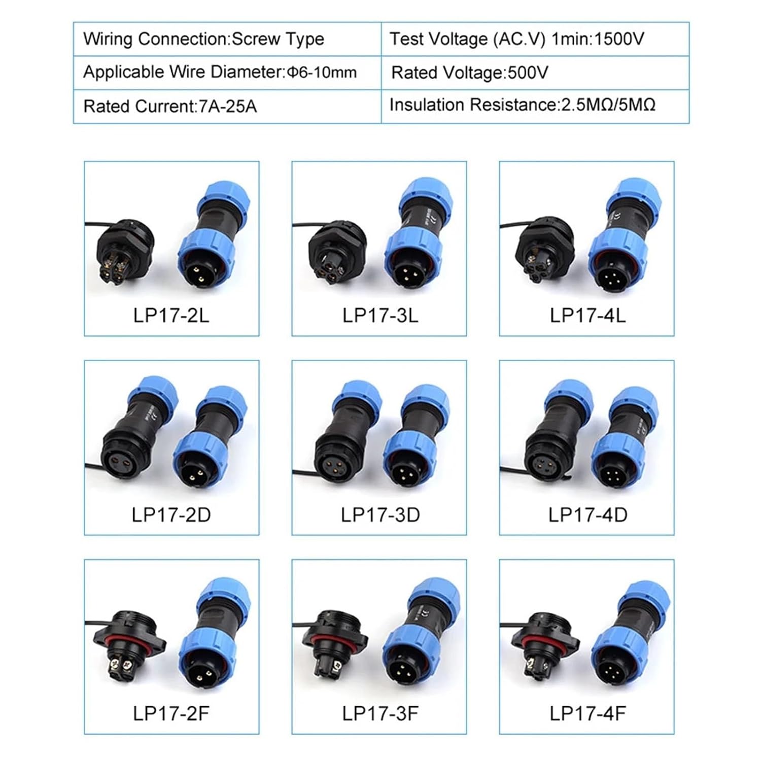 SP/LP17 2/3/4 Pin Back Nut Butt Wire Cable Connector Quick Screw Crimp Male Female No Welding 1Pcs(LP17-2L)