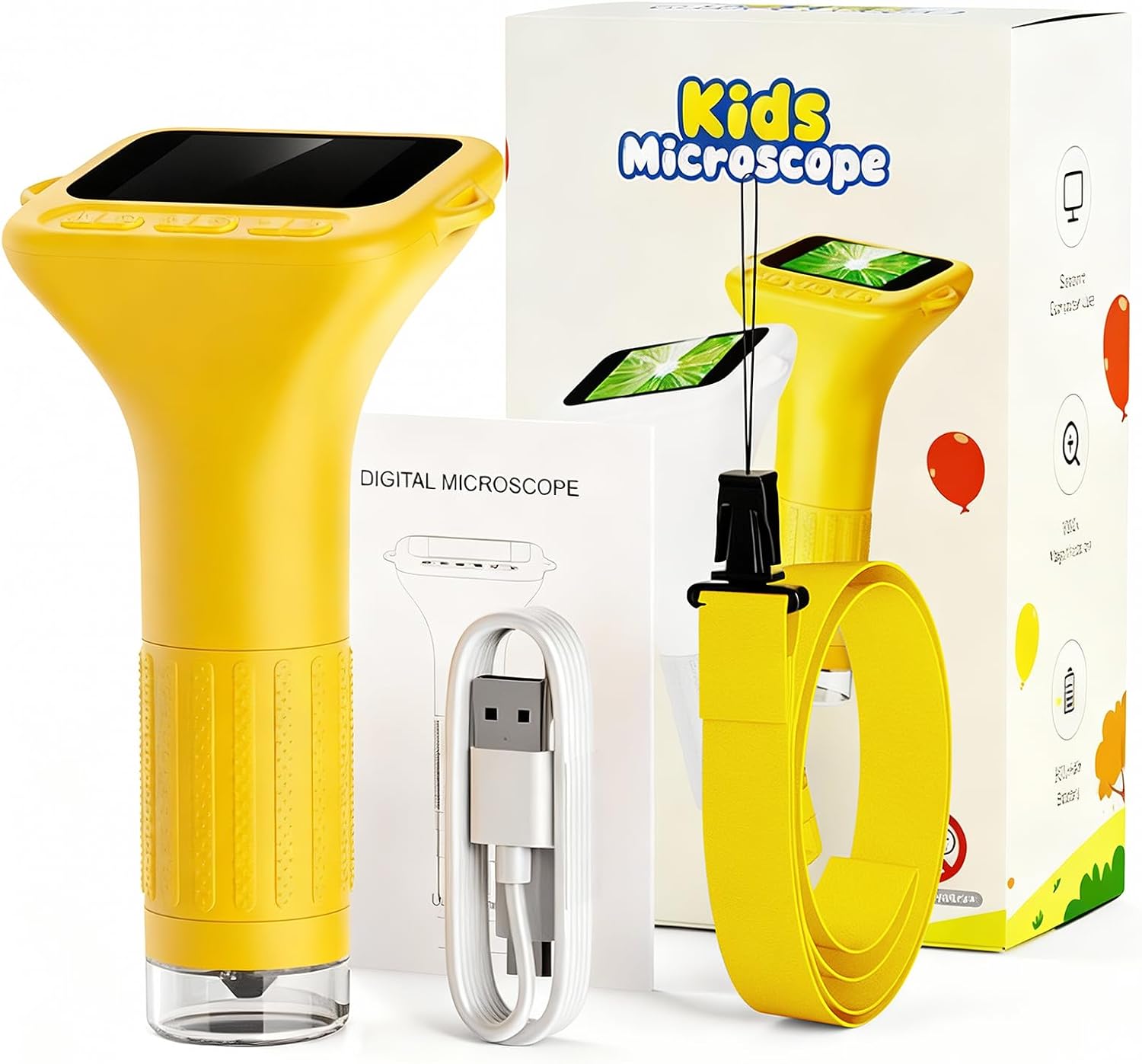 Digital Microscope for Kids, 2" Screen 1000X Handheld Microscope HD Pocket Portable Microscopes Camera, Science Edu Fun Birthday Gifts Toys,for Ages 4-12 Year Old Boys Girls(Yellow)