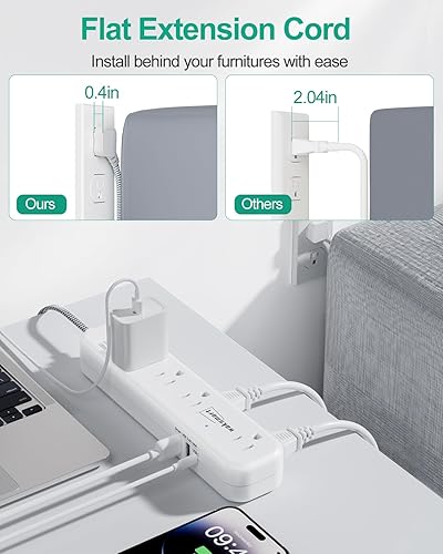 Miniatura 10 de Cable de extensión plano de 20 pies, múltiples tomacorrientes, protector de sobretensiones, 8 salidas de CA, 3 USB de carga rápida (3.4 A 17 W),