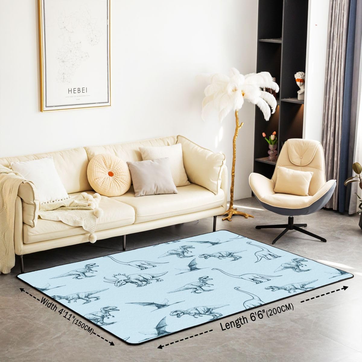 Homewish Jura Teppiche Wohnzimmer Dinosaurier Rug Pflegeleicht Flugsaurier Handgezeichnet Triceratops Teppich 100x150 Einfache Linienzeichnung Blaugrün Carpet Living Room
