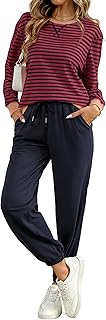 Women's Cozy 2 Piece Outfits Lounge Sets Striped Color Block Long Sleeve Tops Jogger Sweatpants Sweats Track Suits Set