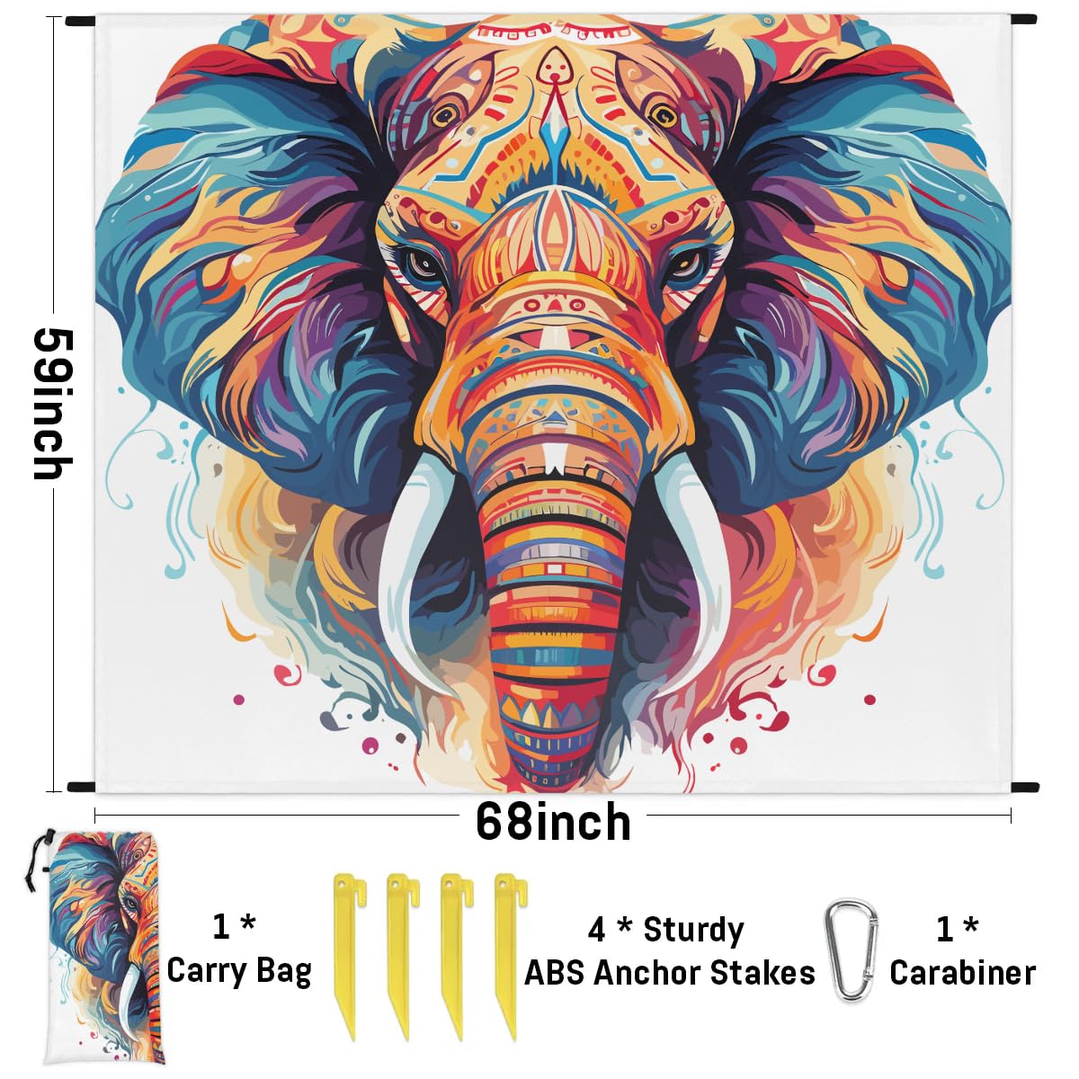 Eativisa Colored Elephant Head Lightweight Beach Blanket Waterproof Sandproof 59