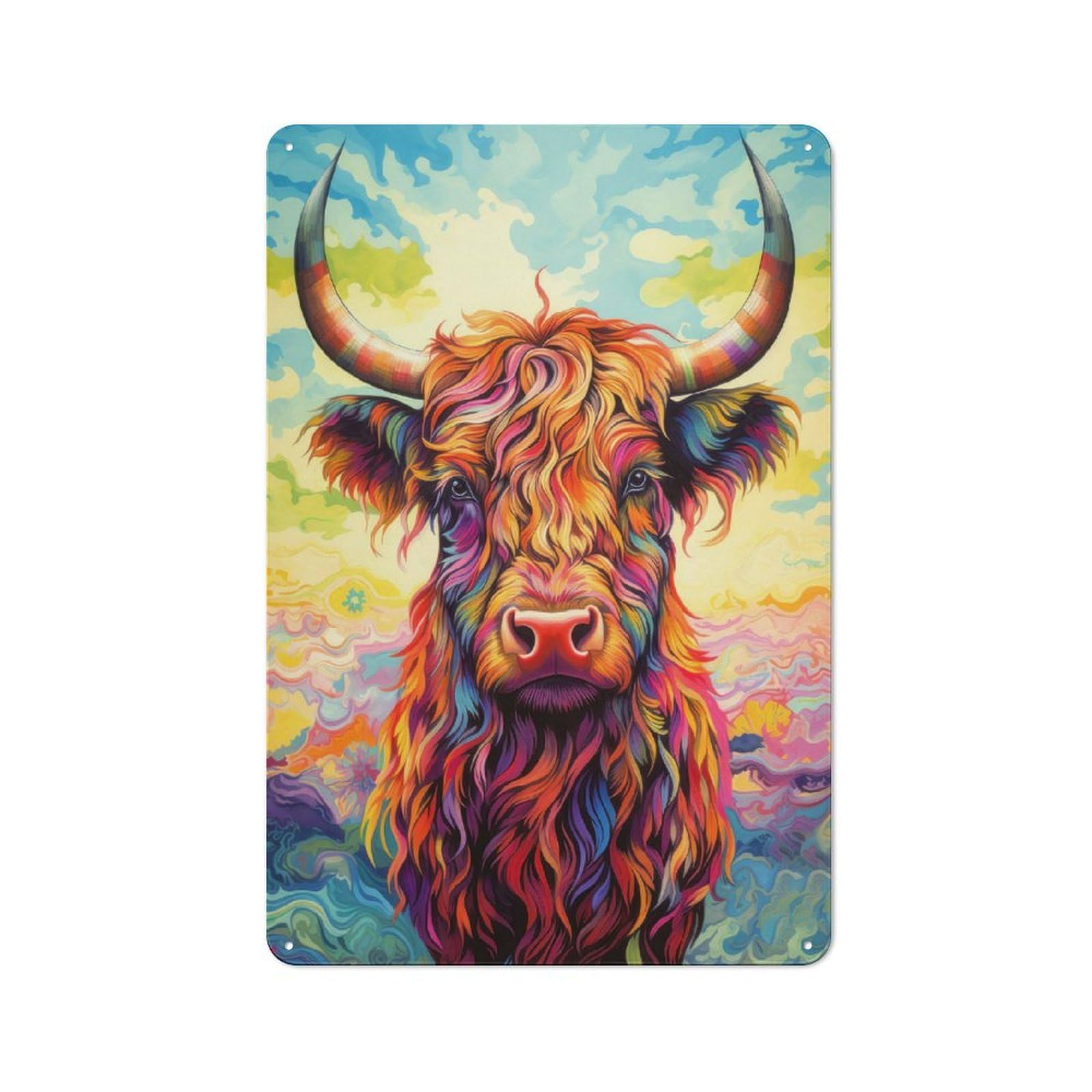 Junmoney Style-1 Colorful Highland Cow Urban Metal Wall Decor 30X20cm, Metal Wall Art Sign For Loft, Studio, Office Or Creative Room