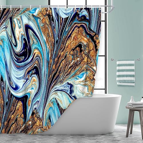 Miniatura 9 de JAWO Juego de cortina de ducha de mármol verde, Gouache arco iris, dorado, grieta, verde salvia, verde esmeralda, cortina de ducha abstracta