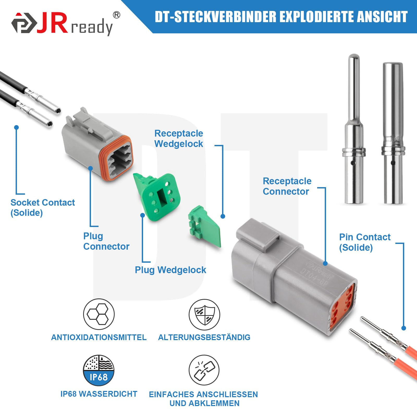 JRready Connettore Deutsch a 6 Poli Grigio IP68 Impermeabile Connettore DT Kit 6 Set con Kit di Terminali Deutsch, Calibro di Filo 16-20 AWG Per Auto, Moto, Camion, Barche