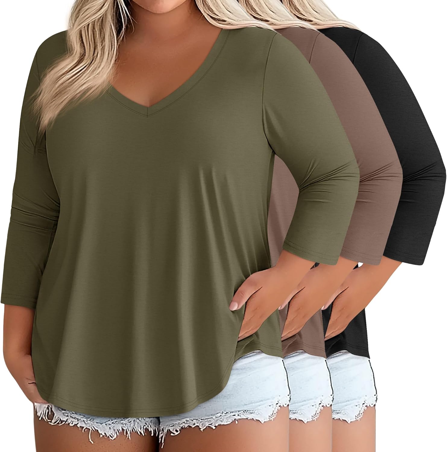 Ficerd 3 Pack Cotton Plus Size 3/4 Sleeve Tops for Women V Neck T-Shirts Casual Loose Fit Trendy Basic Tees Clothes - Image 2