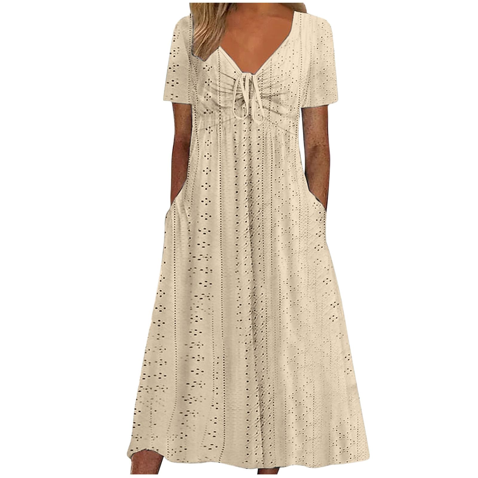 NUSGEAR Vestidos Largo para Mujer 2024 Vestido de Noche Manga Corta Elegante Verano Color sólido Bolsillos Casual Vestidos Cuello en V Cordón Fiesta Moda Playa Suelto Vestido Vacaciones