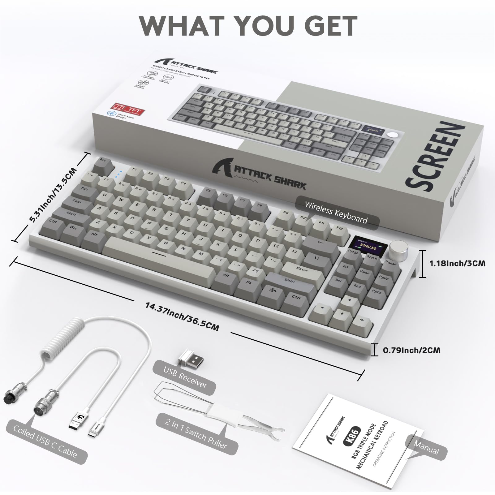 ATTACK SHARK K86 Teclado Mecánico Wireless 75%, Teclado para Juegos Tri-Modo con 2.4G/BT5.0/USB-C Cable, QWERTY TKL 87 Tecla, Pantalla TFT HD de 1.2' y Perilla, RGB Hot-Swap Linear Switch - Gris