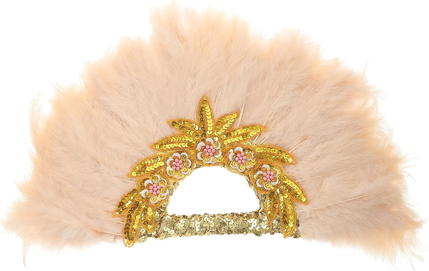 GALPADA Bride Handheld Plume Fan with Gold Lace Edge, Delicate Decorative Wedding Fan for Brides and Bridesmaids, Beige Plume Ornament for Bridal Ceremony and Party