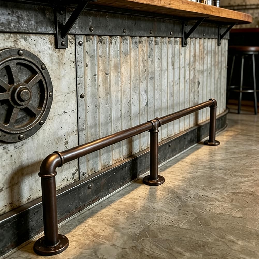 Hefjiayciq Brown Floor Standing Bar Foot Rail Kit, Metal Brackets Foot Railing System, For Bar, Kitchen Island, Coffee Bar, Restaurant,,240Cm/7.8Ft