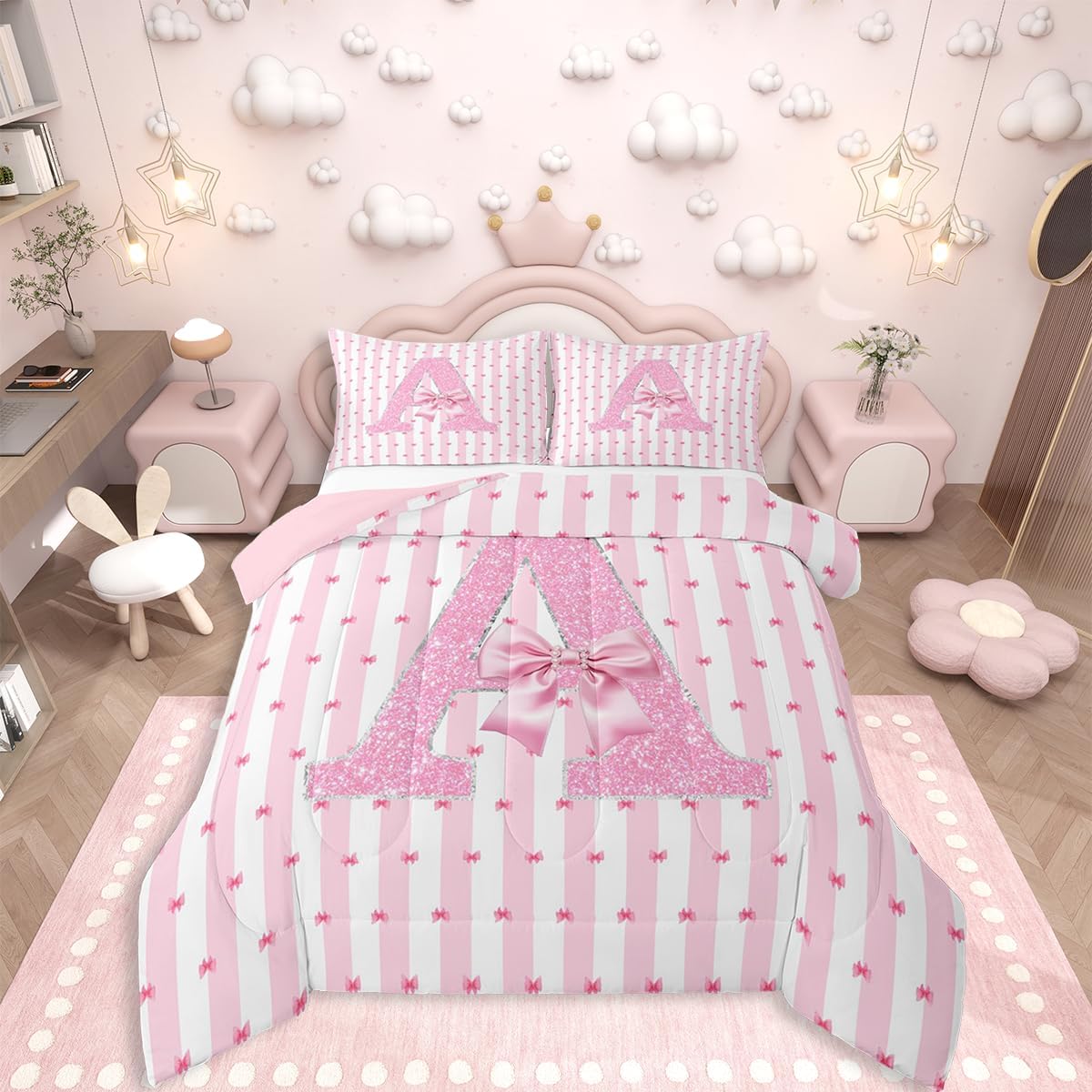 Erosebridal Pink Bowknot Girls Twin Comforter Set Initial Letter A Bedding Set Romantic Dreamy Bow Knot Quilt for Kids Adult Teens Bedroom Kawaii Bow Princess Bedding Comforter Sets