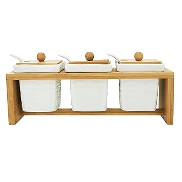 TAGROCK Ceramic Pickle Containers | Basic Ripple Style Kitchen Accessories Pickle Jars Square Shaped White With Brown Lid & Stand_Set Of 3 Pcs