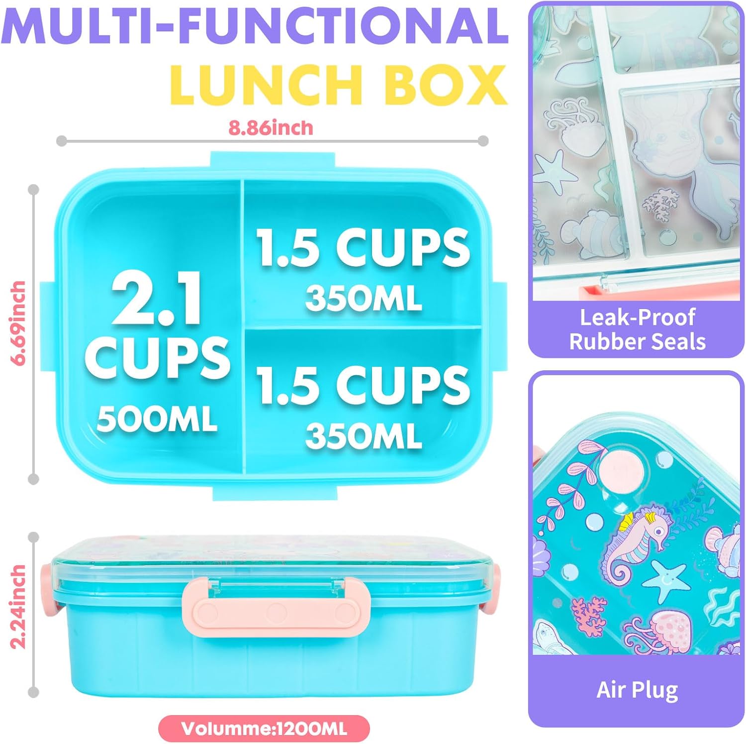Kids Bento Lunch Box Set with 1200ml Leak-Proof Lunch Containers with Sauce Box, 650ml BPA-Free Water Bottle and Insulated Lunch Bag for Girls Boys Back to School Students Daycare Lunches