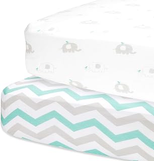Cuddly Cubs Fitted Crib Sheets Set – 2 Pack – Jersey Cotton Crib Mattress Sheets for Baby Boy, Girl Crib – Grey, Mint Green Elephant, Chveron Toddler Bed Sheets – Fits on Standard 28 x 52 Mattress