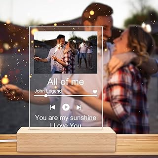 Glass Art Custom Night Light Acrylic Music Photo Album LED Lamp-Personalized Music Song Plaque Clear Room Decor Board Motherâ€™s Day for Mom Birthday Wedding Anniversary