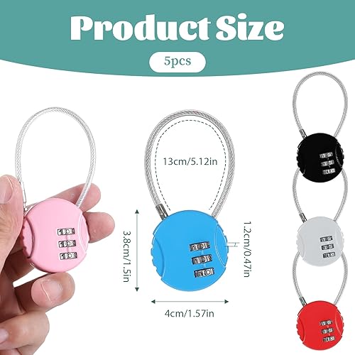 Miniatura 2 de Paquete de 5 candados de combinación de 3 dígitos pequeños combinados con número de equipaje, bloqueo impermeable reiniciable para escuela,